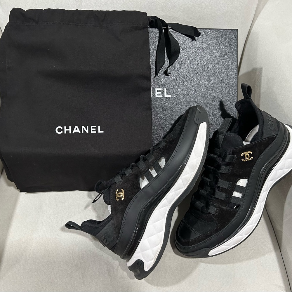 CHANEL Black and White Quilted Logo Sneakers